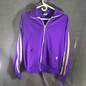 Vintage Varsity Spirit Fashion Purple & Metallic Gold Stripes Zip Jacket VG- M